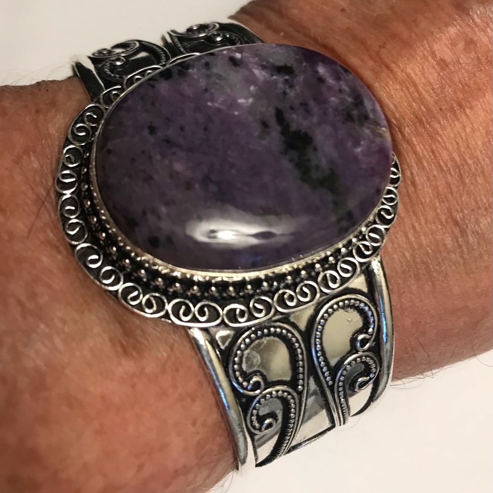 Charoite Stamped 925 Sterling Silver Cuff Bracelet